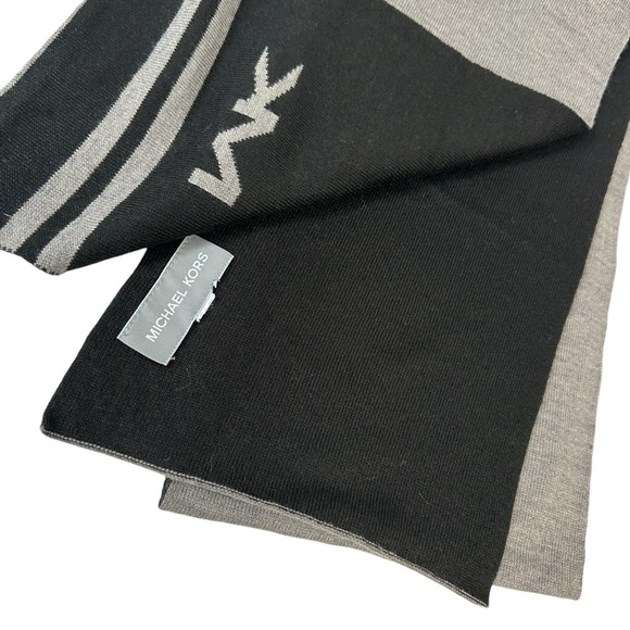 Michael Kors Big MK Bottom Stripe Knit Muffler Scarf, Gray with Black - Picture 3 of 4